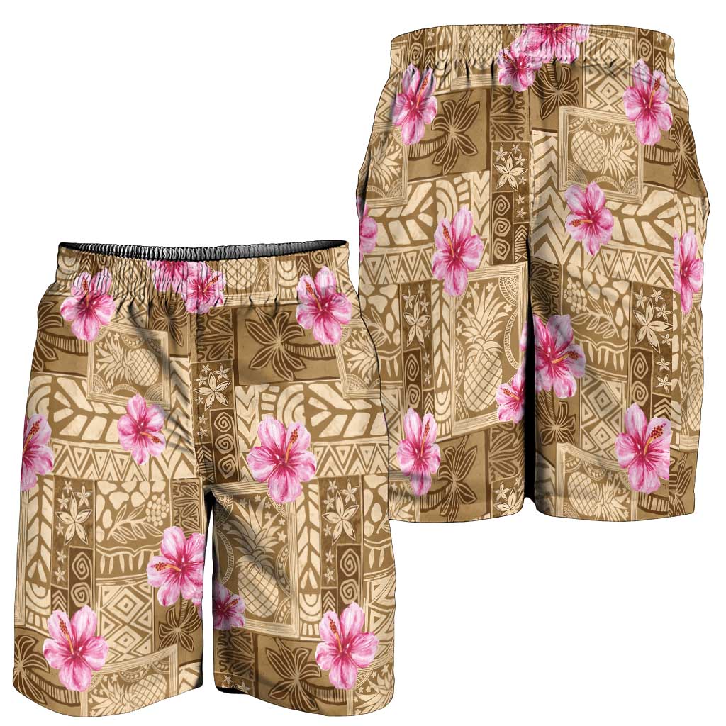 Beige Hawaii Hibiscus With Tropical Flowers Motifs Shorts for Men LT14 - Polynesian Pride