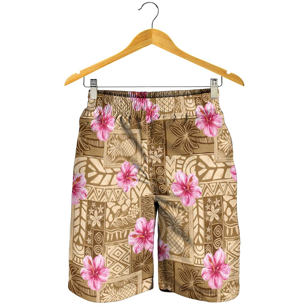 Beige Hawaii Hibiscus With Tropical Flowers Motifs Shorts for Men LT14 - Polynesian Pride