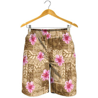 Beige Hawaii Hibiscus With Tropical Flowers Motifs Shorts for Men LT14 - Polynesian Pride