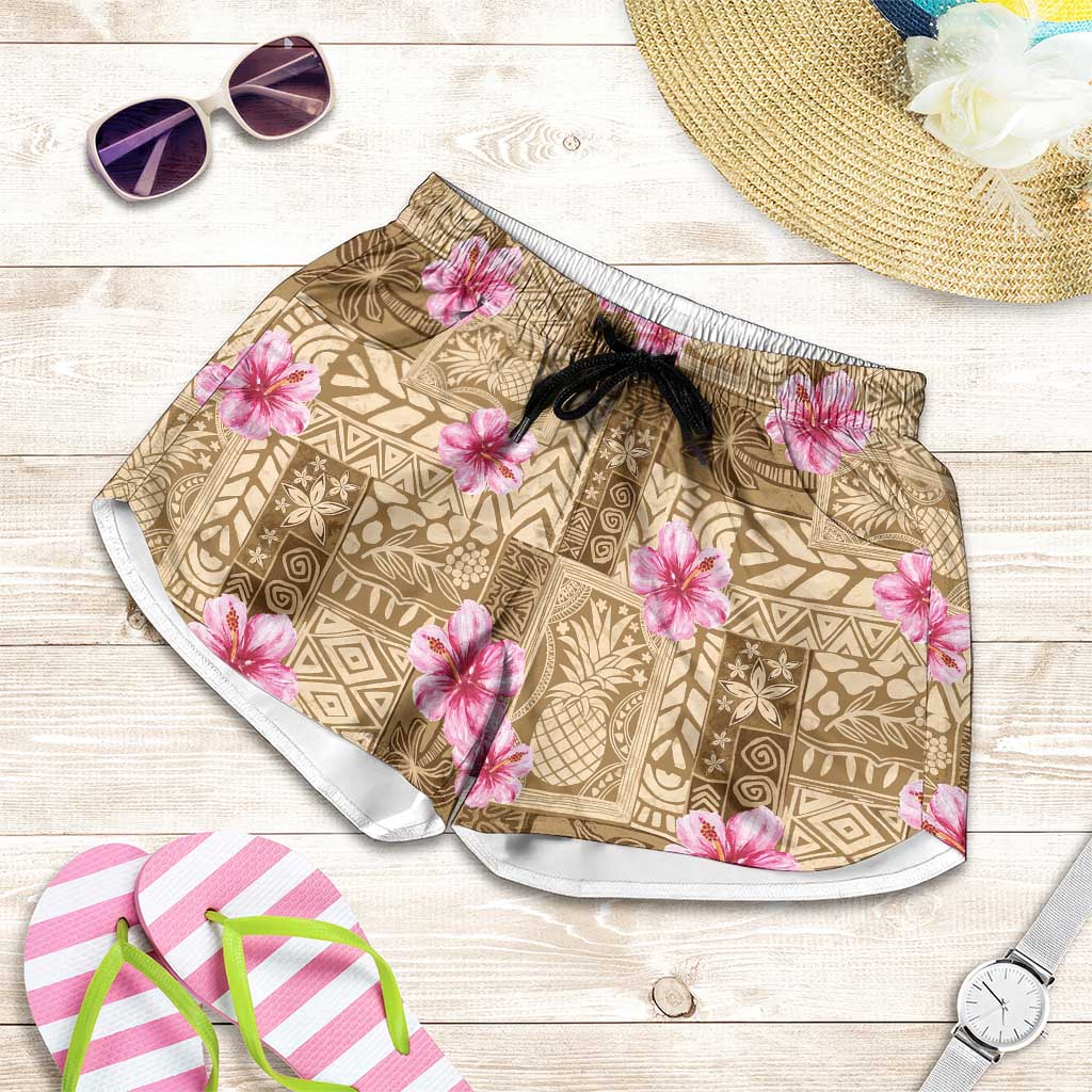 Beige Hawaii Hibiscus With Tropical Flowers Motifs Shorts for Women LT14 Beige - Polynesian Pride