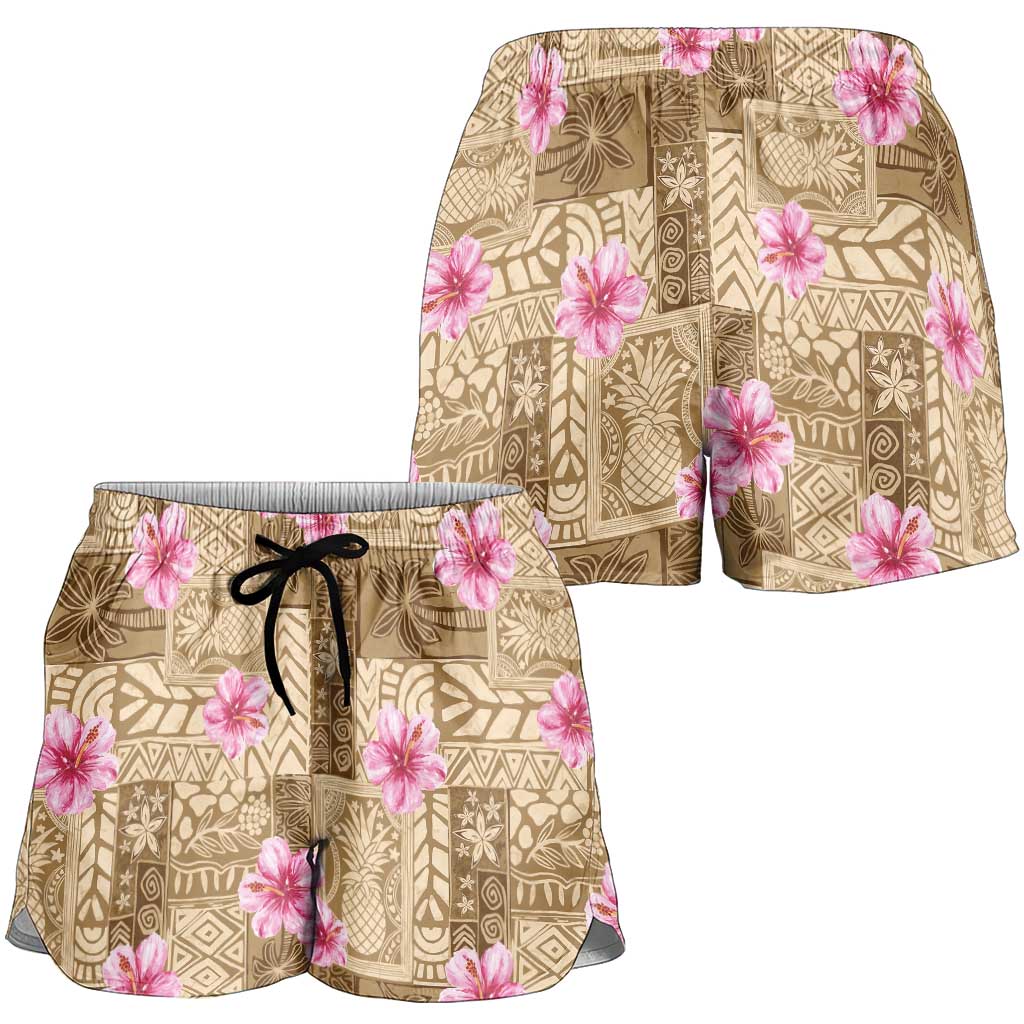 Beige Hawaii Hibiscus With Tropical Flowers Motifs Shorts for Women LT14 - Polynesian Pride