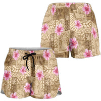 Beige Hawaii Hibiscus With Tropical Flowers Motifs Shorts for Women LT14 - Polynesian Pride