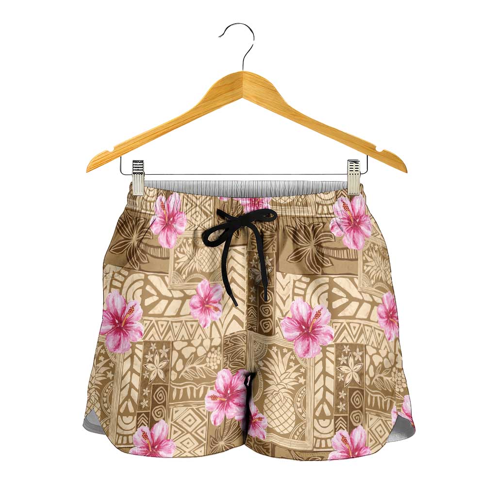 Beige Hawaii Hibiscus With Tropical Flowers Motifs Shorts for Women LT14 - Polynesian Pride