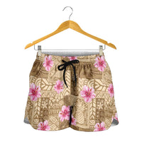 Beige Hawaii Hibiscus With Tropical Flowers Motifs Shorts for Women LT14 - Polynesian Pride
