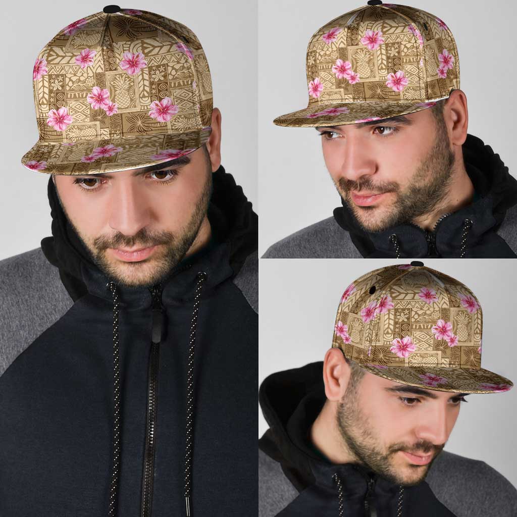 Beige Hawaii Hibiscus With Tropical Flowers Motifs Snapback Cap - Polynesian Pride