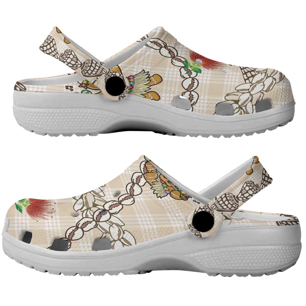 Beige Palaka Hawaii Mele Kalikimaka Clogs Shoes Ohia Lehua Shell Leis Funny Gingerbread Santa LT14 - Polynesian Pride