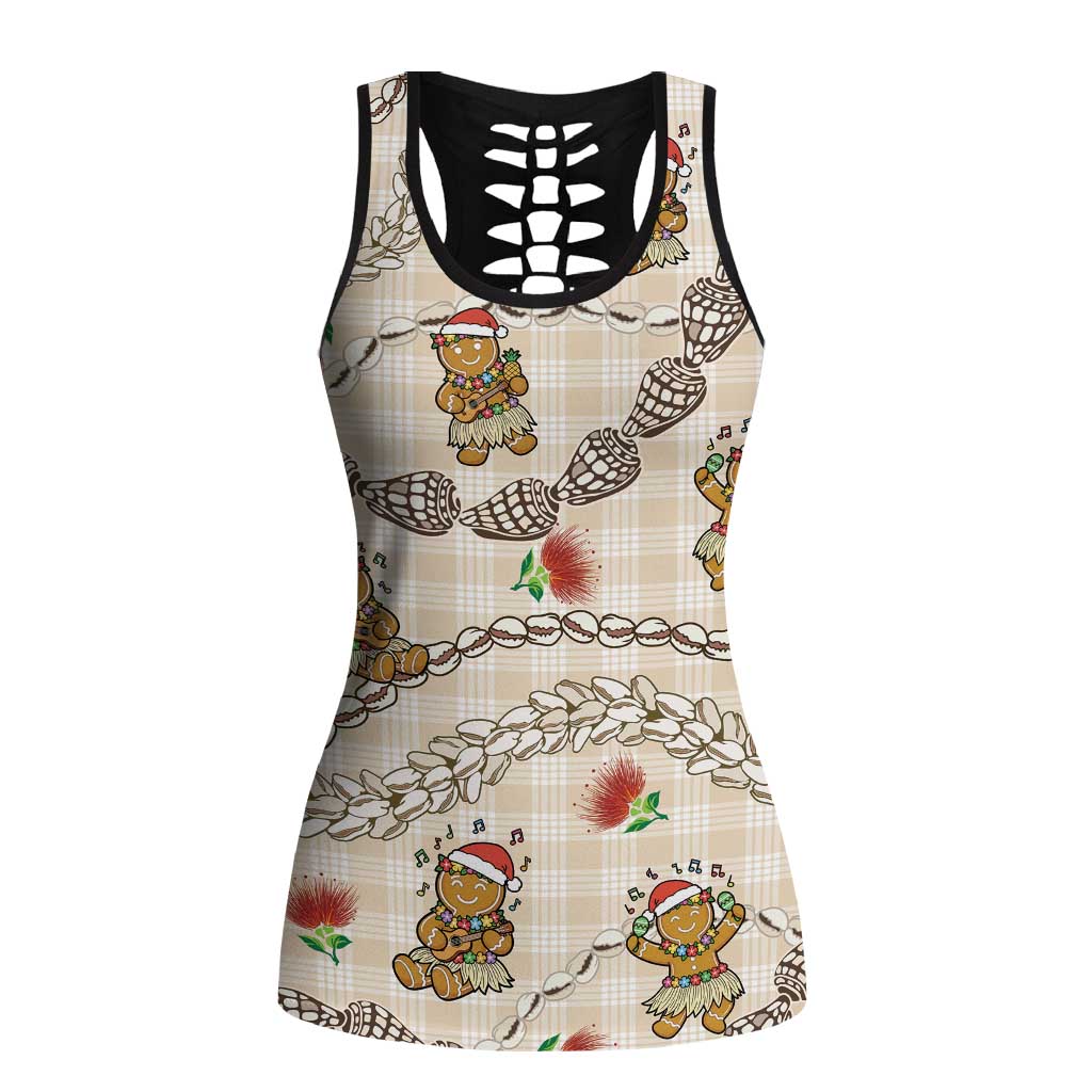Beige Palaka Hawaii Mele Kalikimaka Hollow Tank Top Ohia Lehua Shell Leis Funny Gingerbread Santa LT14 Female Beige - Polynesian Pride