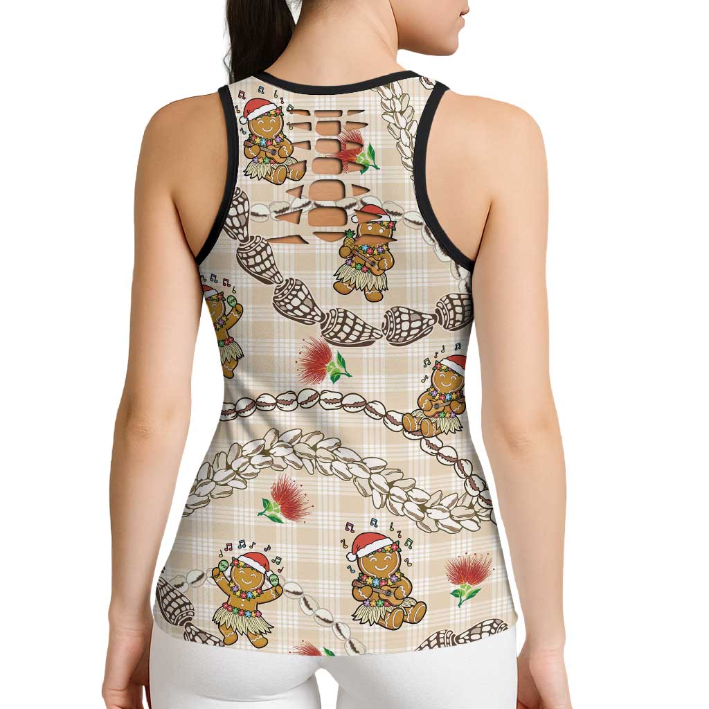 Beige Palaka Hawaii Mele Kalikimaka Hollow Tank Top Ohia Lehua Shell Leis Funny Gingerbread Santa LT14 - Polynesian Pride