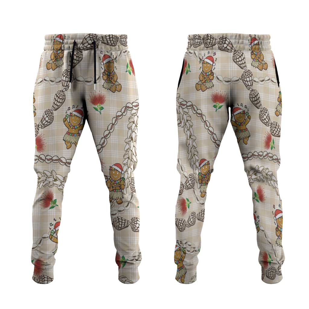 Beige Palaka Hawaii Mele Kalikimaka Jogger Pants Ohia Lehua Shell Leis Funny Gingerbread Santa LT14 Beige - Polynesian Pride