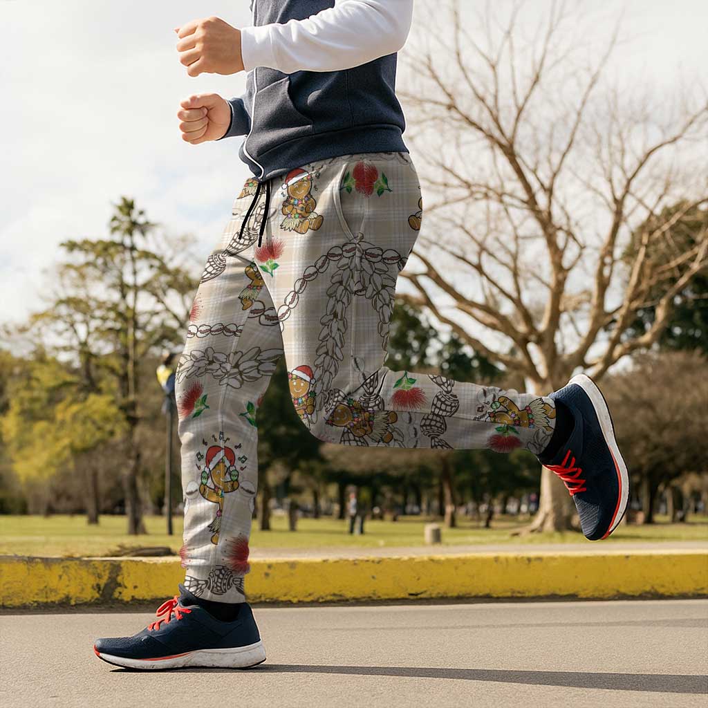 Beige Palaka Hawaii Mele Kalikimaka Jogger Pants Ohia Lehua Shell Leis Funny Gingerbread Santa LT14 - Polynesian Pride