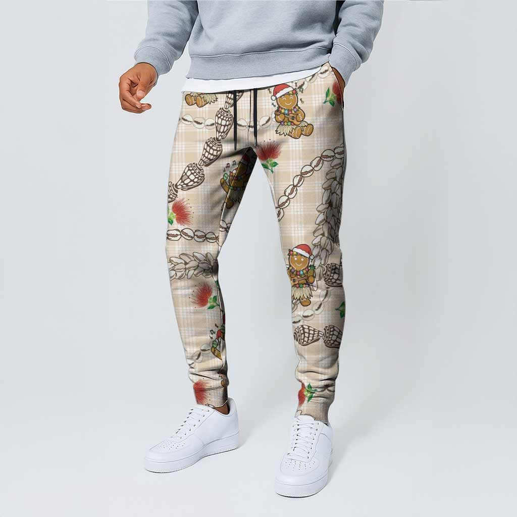Beige Palaka Hawaii Mele Kalikimaka Jogger Pants Ohia Lehua Shell Leis Funny Gingerbread Santa LT14 - Polynesian Pride