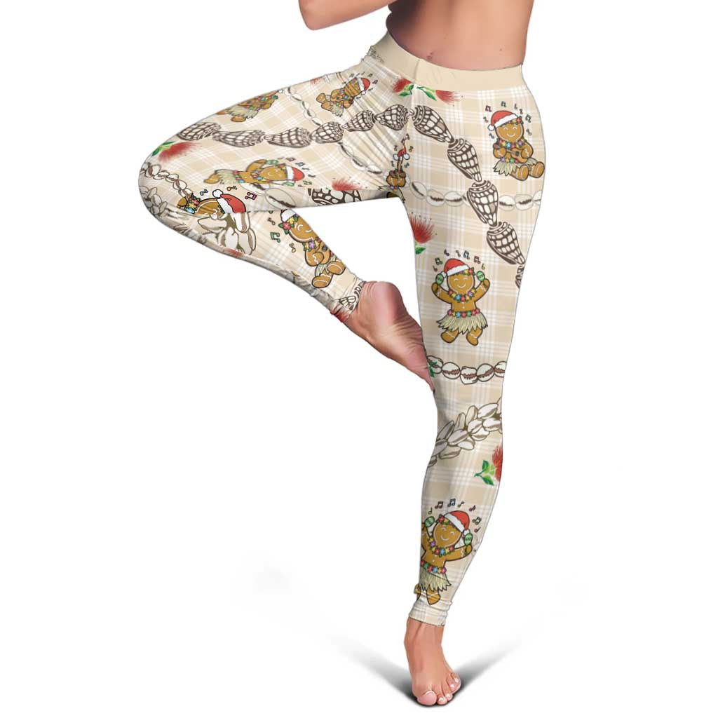 Beige Palaka Hawaii Mele Kalikimaka Leggings Ohia Lehua Shell Leis Funny Gingerbread Santa - Polynesian Pride