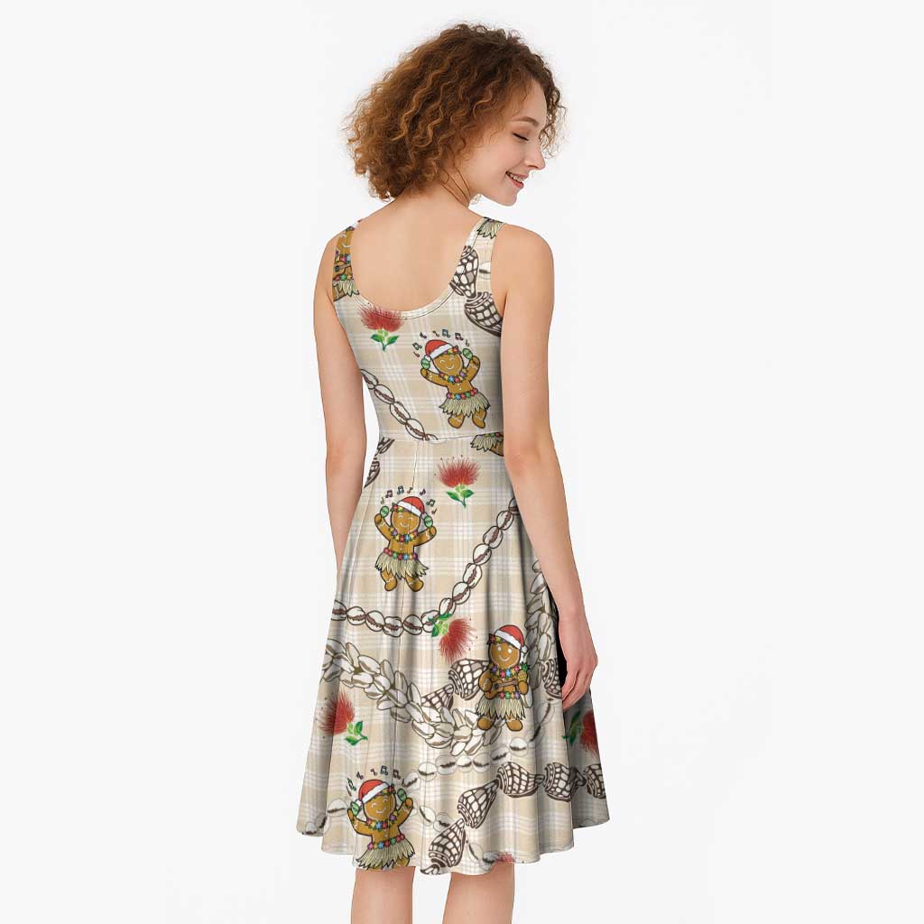 Beige Palaka Hawaii Mele Kalikimaka Midi Dress Ohia Lehua Shell Leis Funny Gingerbread Santa - Polynesian Pride