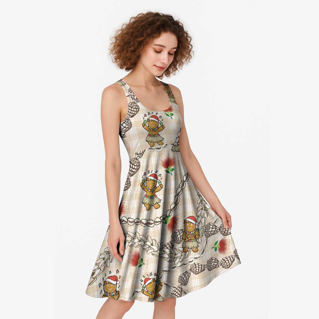 Beige Palaka Hawaii Mele Kalikimaka Midi Dress Ohia Lehua Shell Leis Funny Gingerbread Santa - Polynesian Pride