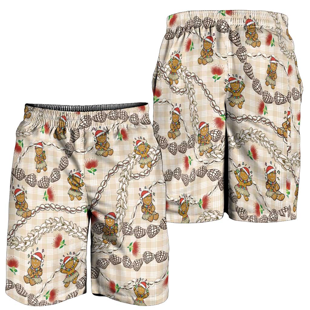 Beige Palaka Hawaii Mele Kalikimaka Shorts for Men Ohia Lehua Shell Leis Funny Gingerbread Santa LT14 - Polynesian Pride