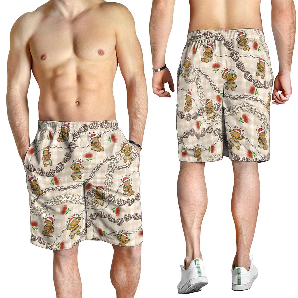 Beige Palaka Hawaii Mele Kalikimaka Shorts for Men Ohia Lehua Shell Leis Funny Gingerbread Santa LT14 - Polynesian Pride