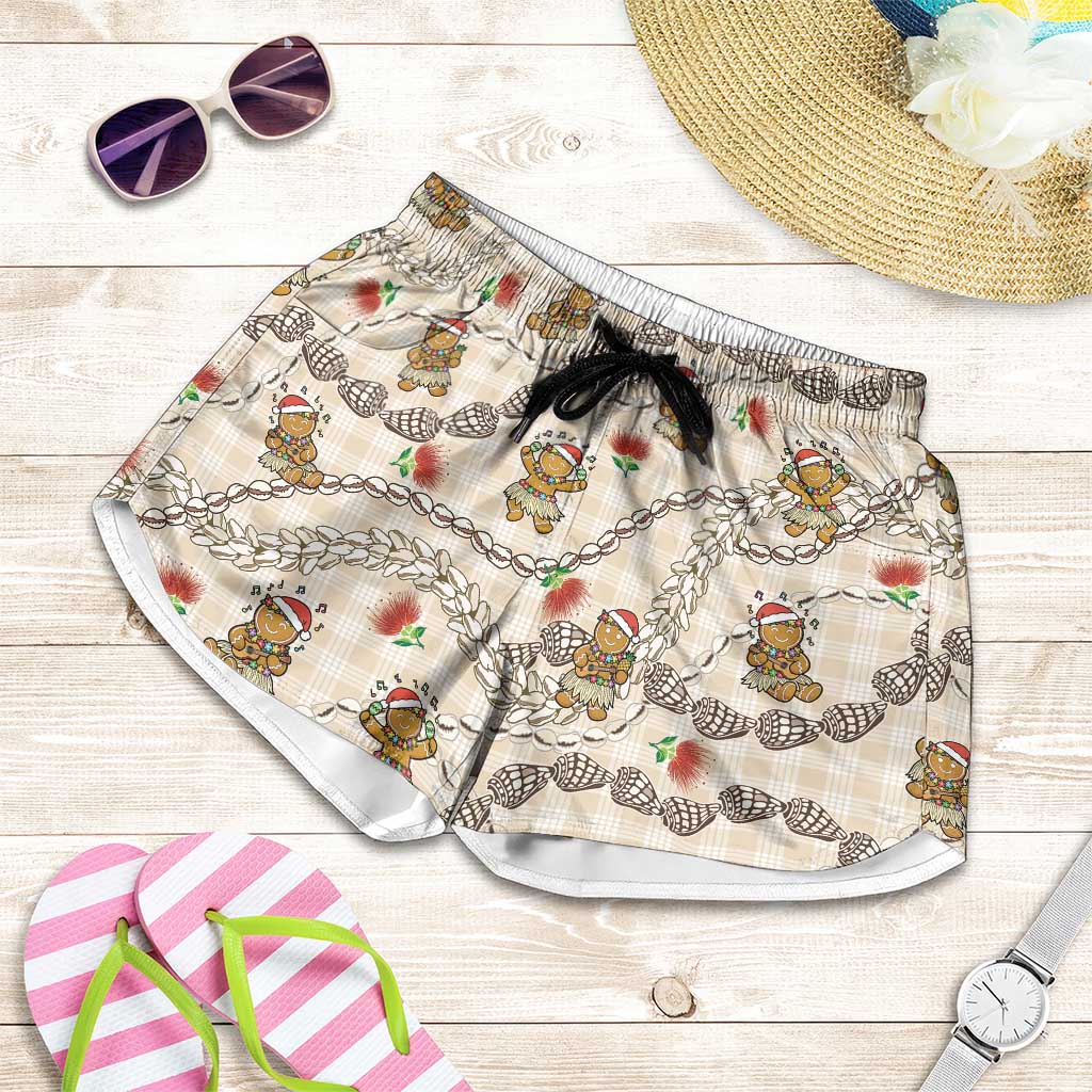 Beige Palaka Hawaii Mele Kalikimaka Shorts for Women Ohia Lehua Shell Leis Funny Gingerbread Santa LT14 Beige - Polynesian Pride