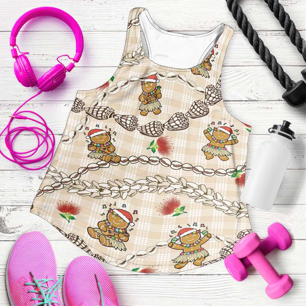 Beige Palaka Hawaii Mele Kalikimaka Women Racerback Tank Ohia Lehua Shell Leis Funny Gingerbread Santa - Polynesian Pride