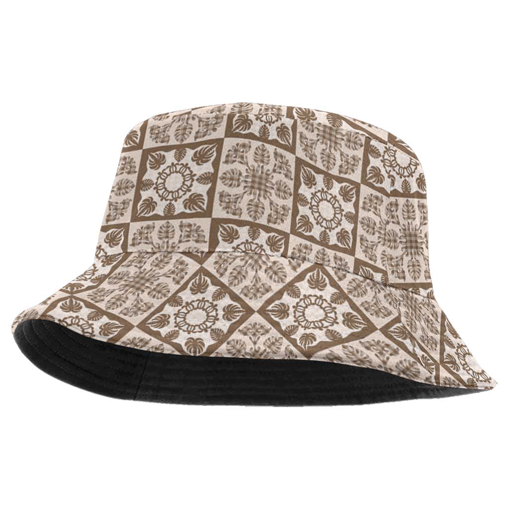 Beige Palaka Quilt Hawaii Bucket Hat Hawaiian Tropical Monstera Sea Turtle LT14 One Size Beige - Polynesian Pride