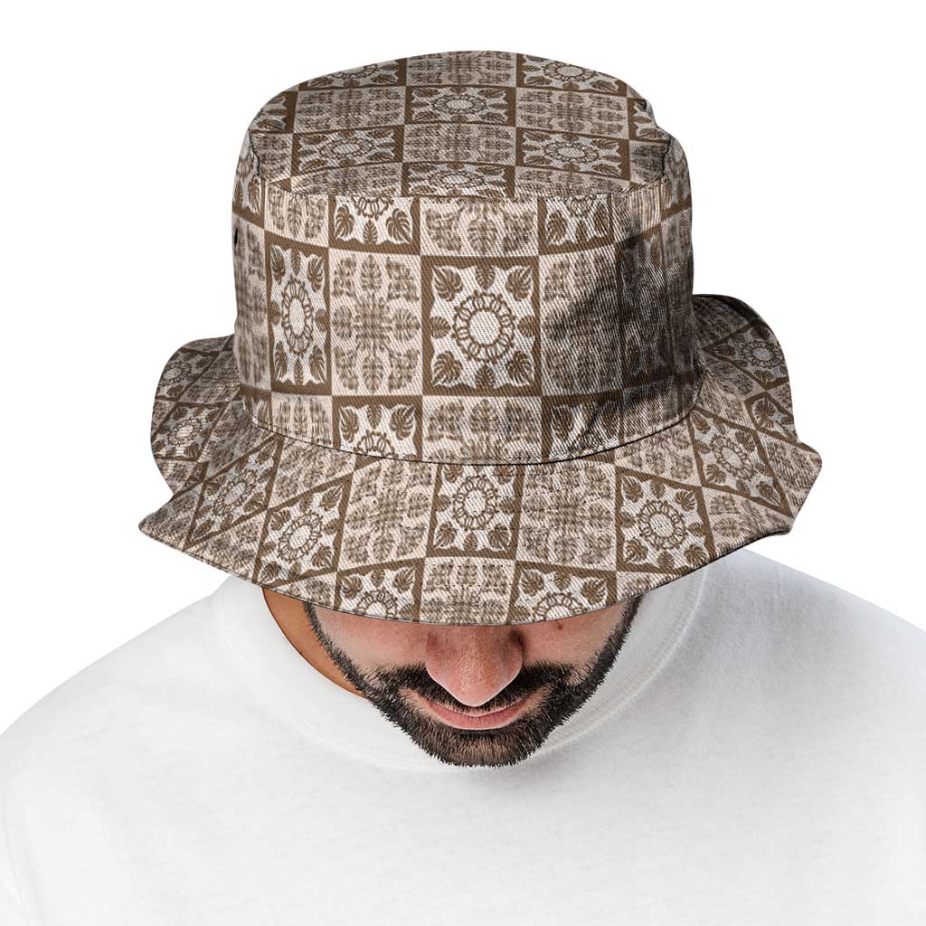 Beige Palaka Quilt Hawaii Bucket Hat Hawaiian Tropical Monstera Sea Turtle LT14 - Polynesian Pride