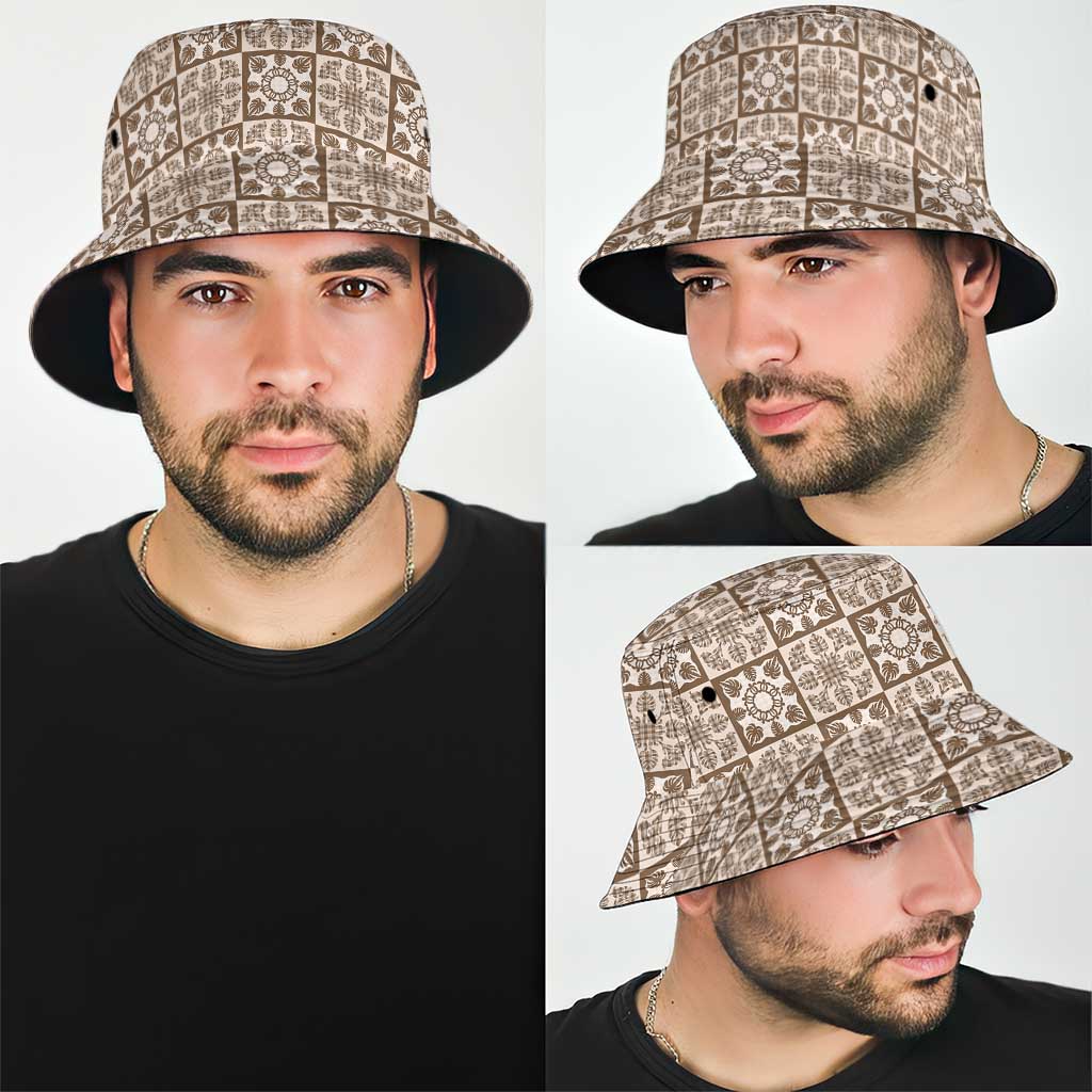 Beige Palaka Quilt Hawaii Bucket Hat Hawaiian Tropical Monstera Sea Turtle LT14 - Polynesian Pride