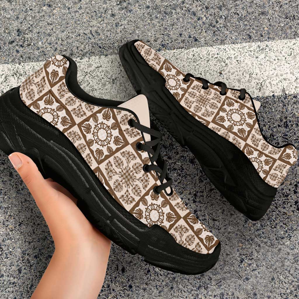 Beige Palaka Quilt Hawaii Chunky Sneakers Hawaiian Tropical Monstera Sea Turtle LT14 - Polynesian Pride