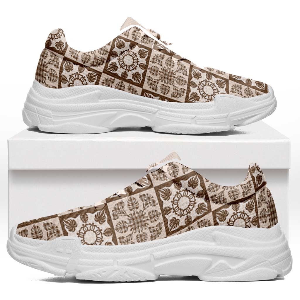 Beige Palaka Quilt Hawaii Chunky Sneakers Hawaiian Tropical Monstera Sea Turtle LT14 Beige - Polynesian Pride