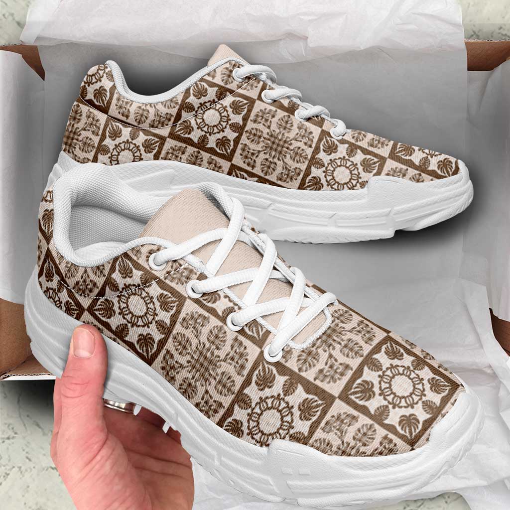 Beige Palaka Quilt Hawaii Chunky Sneakers Hawaiian Tropical Monstera Sea Turtle LT14 - Polynesian Pride