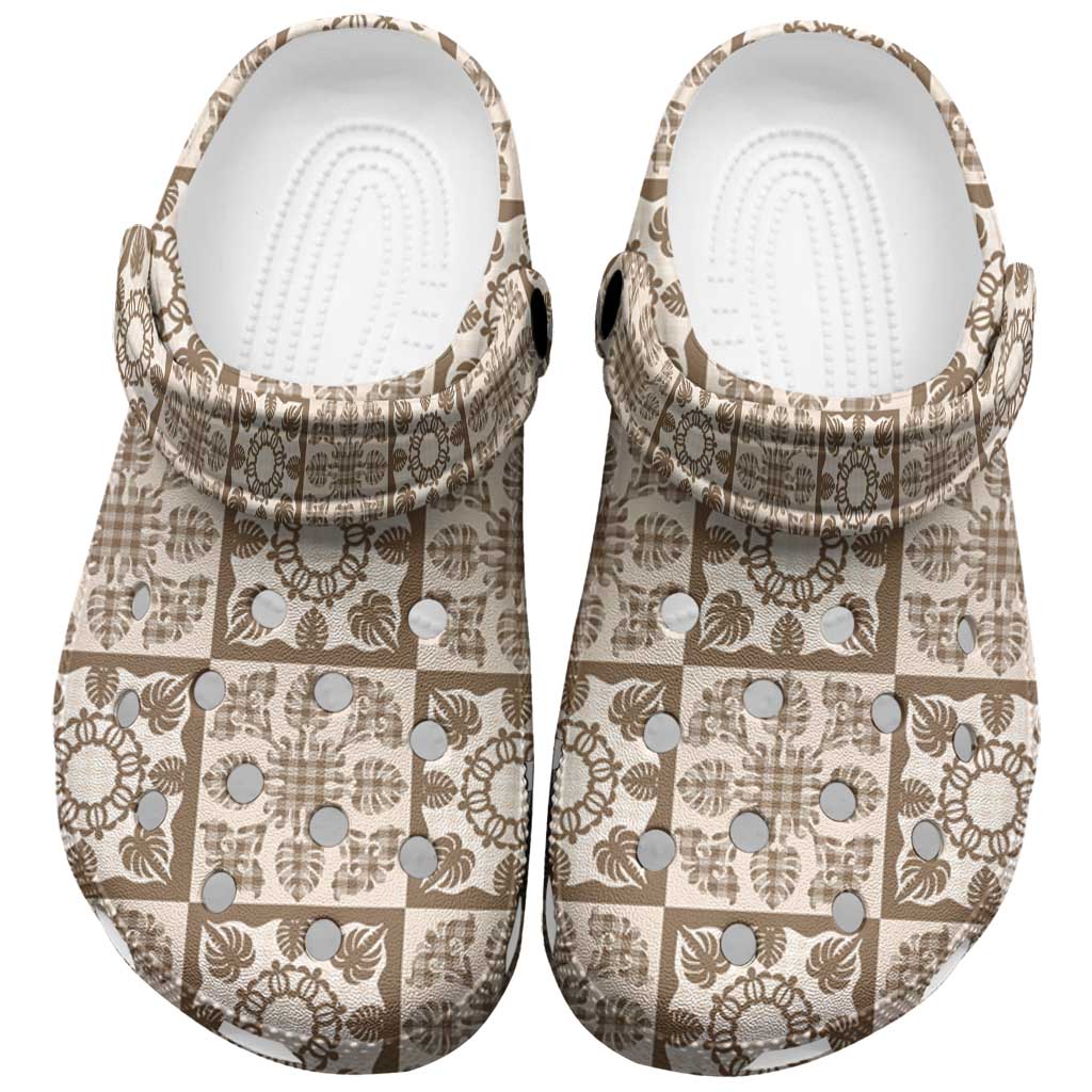 Beige Palaka Quilt Hawaii Clogs Shoes Hawaiian Tropical Monstera Sea Turtle