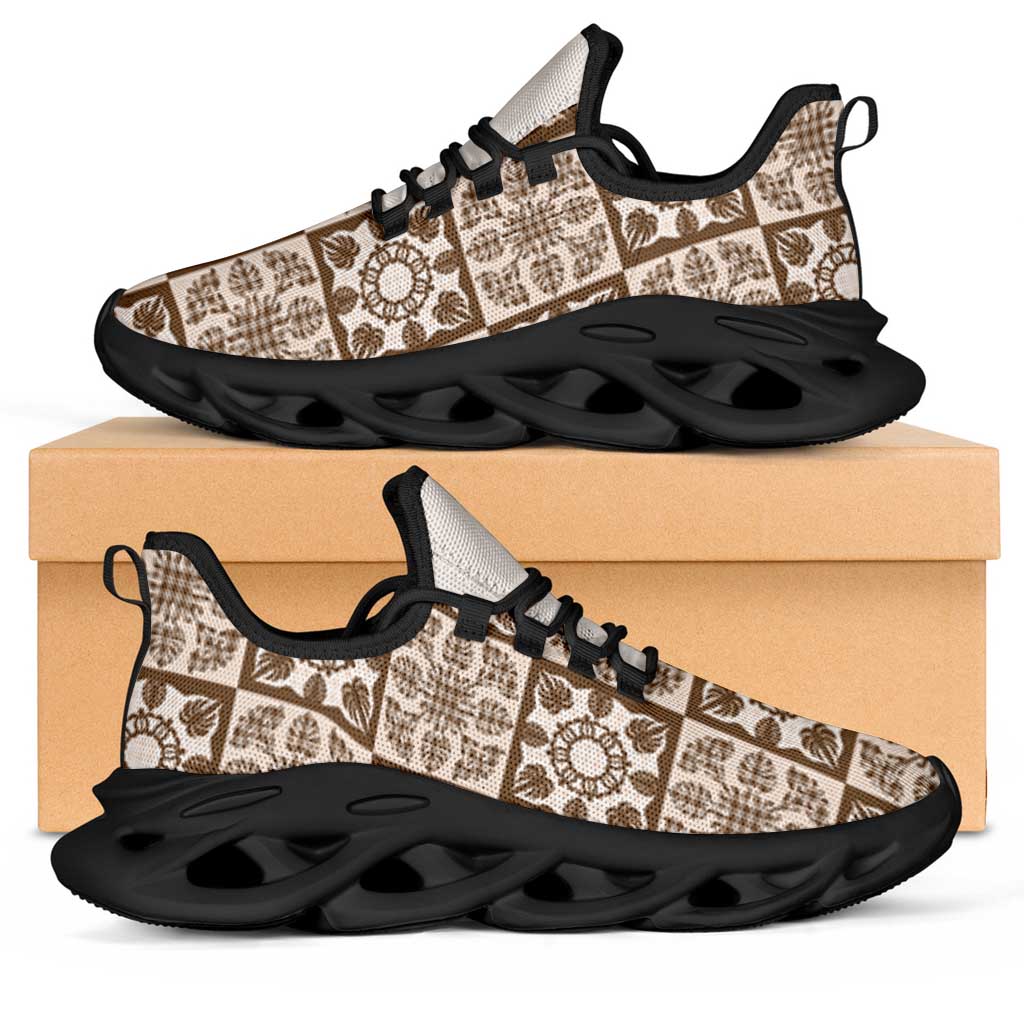 Beige Palaka Quilt Hawaii Clunky Sneakers Hawaiian Tropical Monstera Sea Turtle