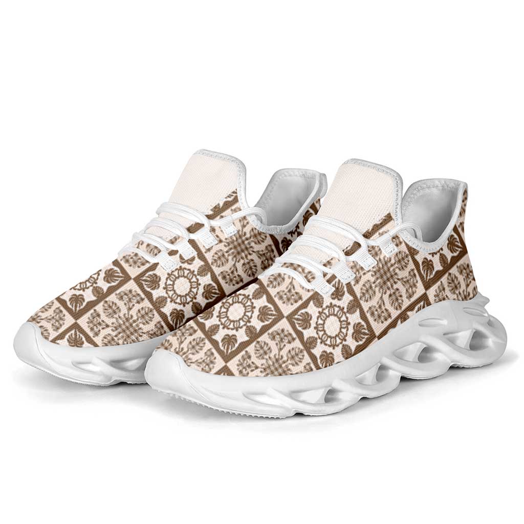 Beige Palaka Quilt Hawaii Clunky Sneakers Hawaiian Tropical Monstera Sea Turtle