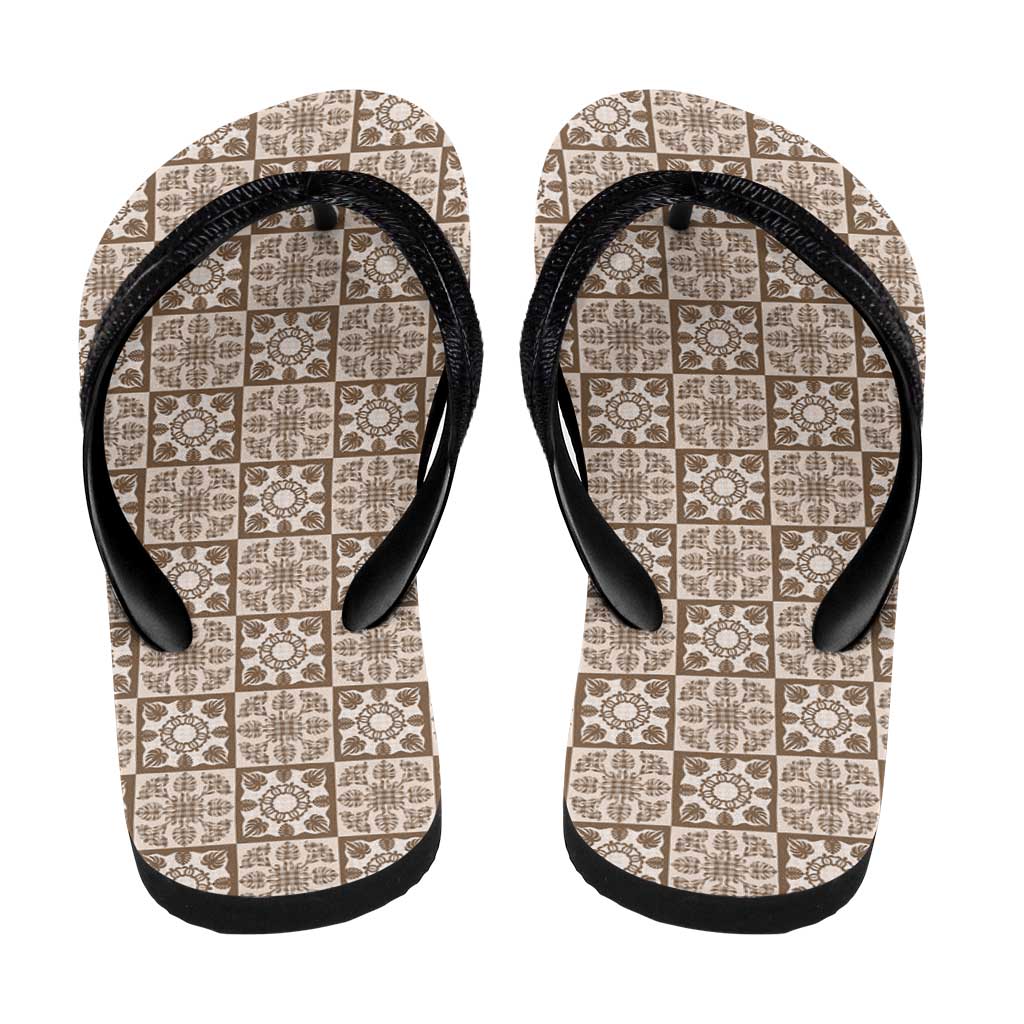 Beige Palaka Quilt Hawaii Flip Flops Hawaiian Tropical Monstera Sea Turtle LT14 - Polynesian Pride