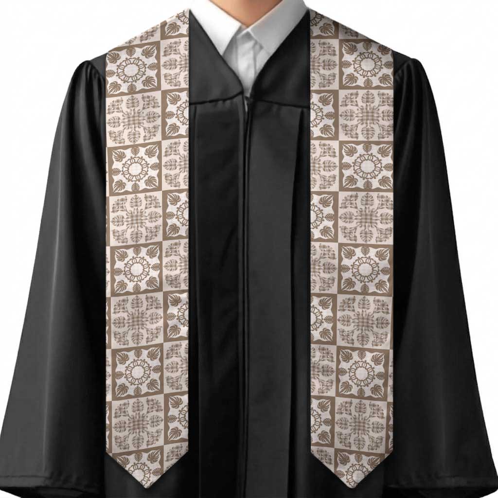 Beige Palaka Quilt Hawaii Graduation Stole Hawaiian Tropical Monstera Sea Turtle LT14 - Polynesian Pride