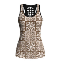 Beige Palaka Quilt Hawaii Hollow Tank Top Hawaiian Tropical Monstera Sea Turtle LT14 Female Beige - Polynesian Pride