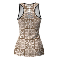 Beige Palaka Quilt Hawaii Hollow Tank Top Hawaiian Tropical Monstera Sea Turtle LT14 - Polynesian Pride