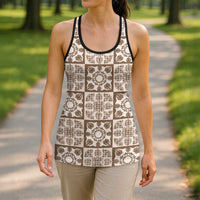 Beige Palaka Quilt Hawaii Hollow Tank Top Hawaiian Tropical Monstera Sea Turtle LT14 - Polynesian Pride