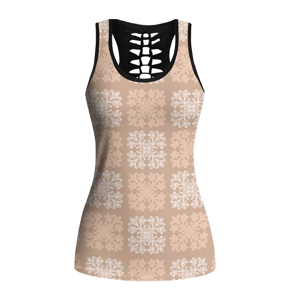 Beige Palaka Quilt Hawaii Hollow Tank Top Traditional Hawaii-plaid Pattern - Polynesian Pride