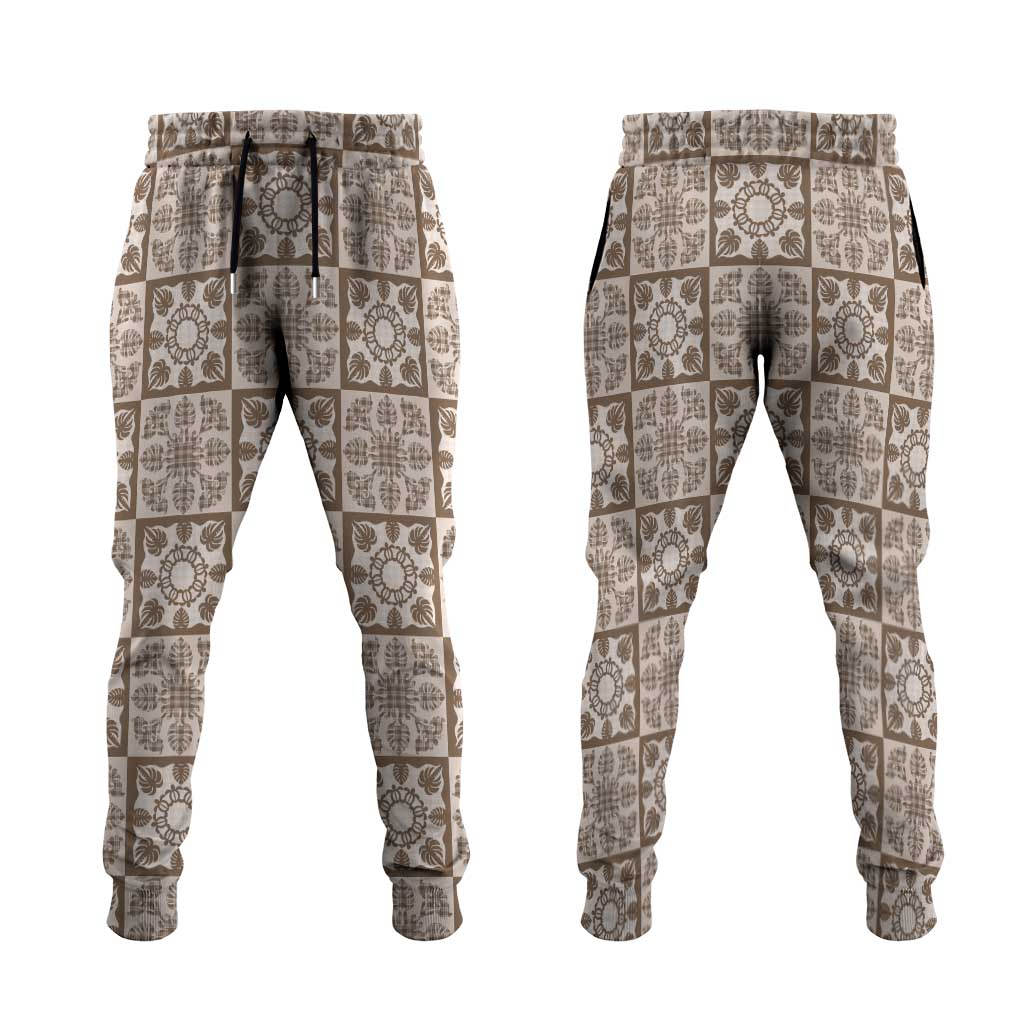 Beige Palaka Quilt Hawaii Jogger Pants Hawaiian Tropical Monstera Sea Turtle