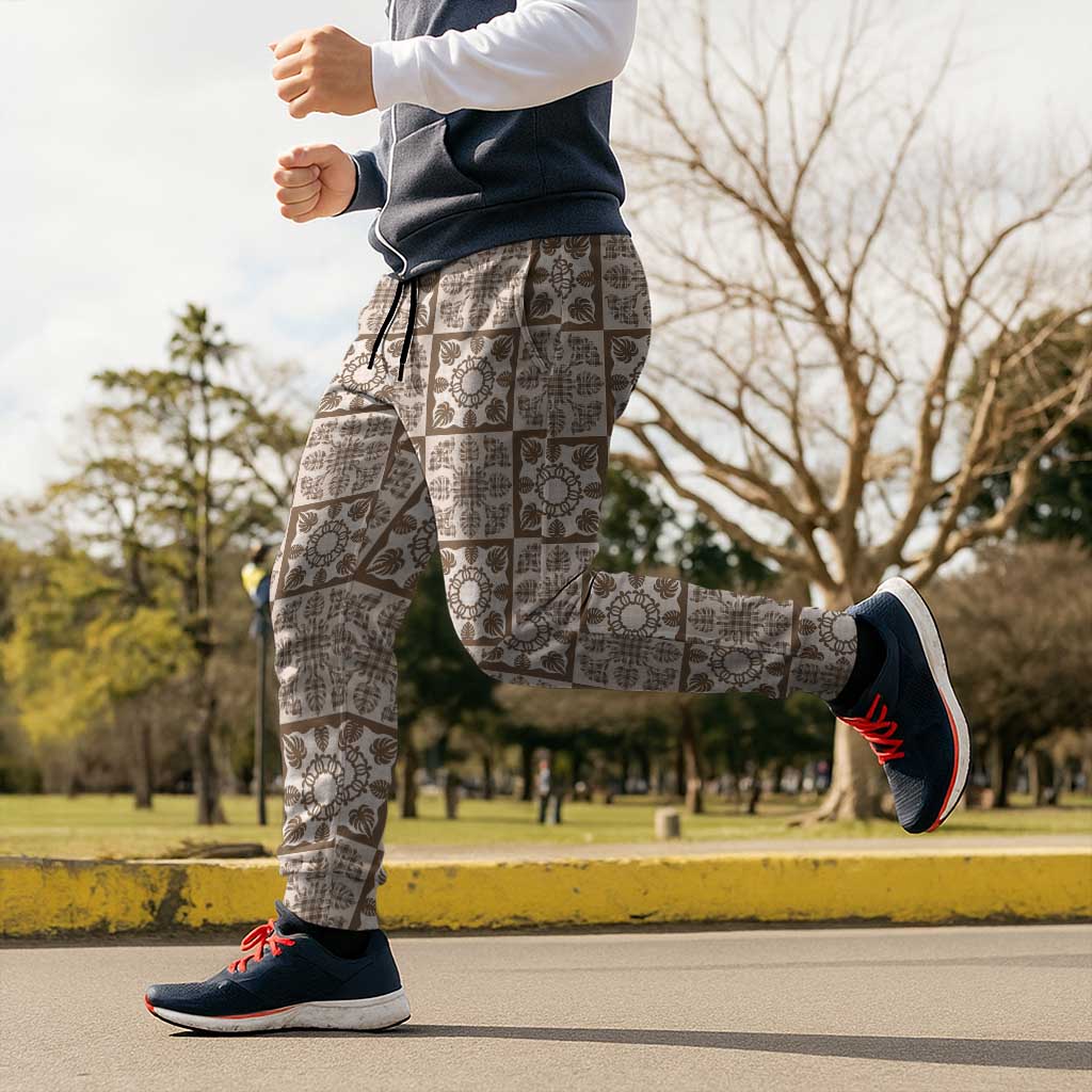 Beige Palaka Quilt Hawaii Jogger Pants Hawaiian Tropical Monstera Sea Turtle LT14 - Polynesian Pride