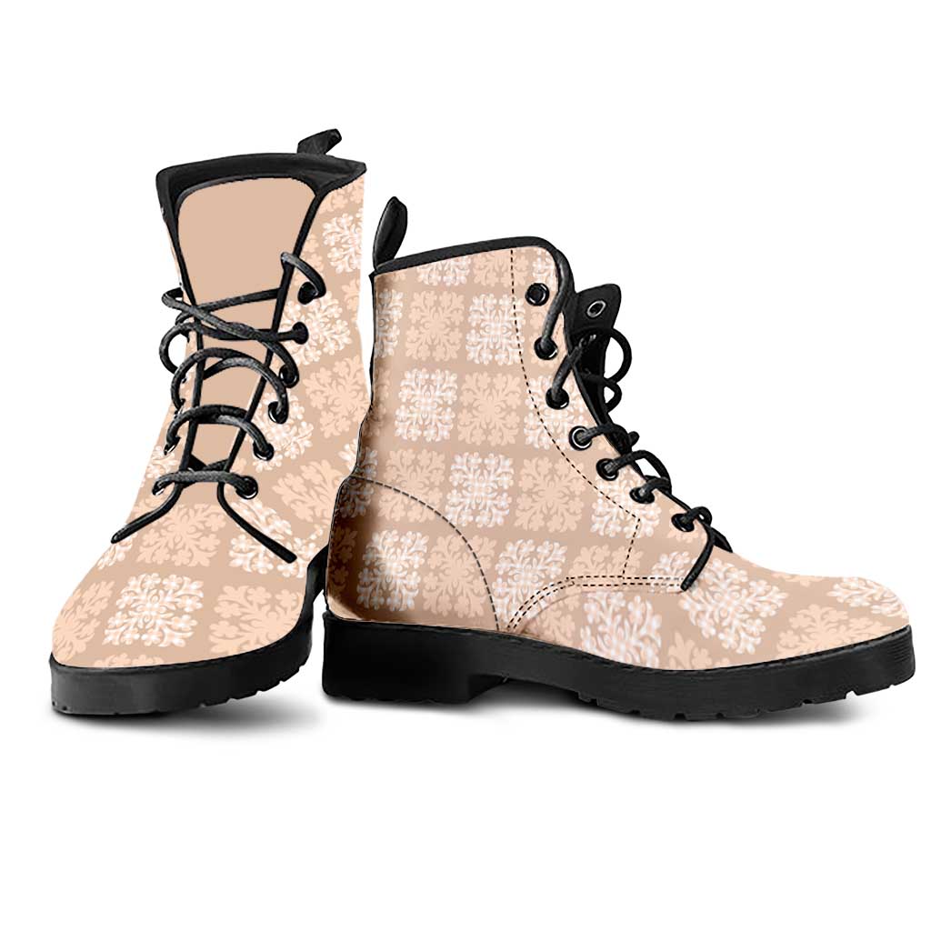 Beige Palaka Quilt Hawaii Leather Boots Traditional Hawaii-plaid Pattern - Polynesian Pride