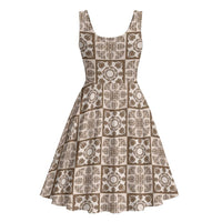 Beige Palaka Quilt Hawaii Midi Dress Hawaiian Tropical Monstera Sea Turtle LT14 - Polynesian Pride