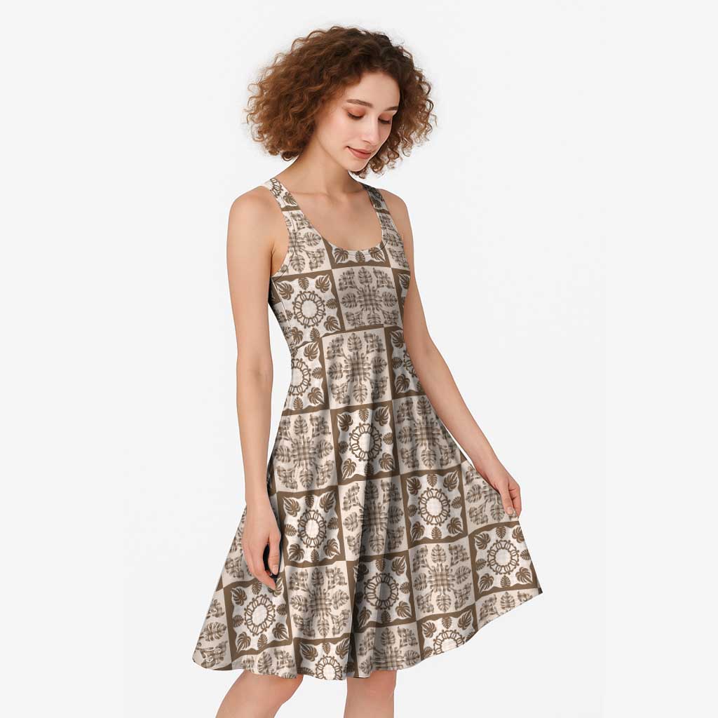 Beige Palaka Quilt Hawaii Midi Dress Hawaiian Tropical Monstera Sea Turtle LT14 - Polynesian Pride