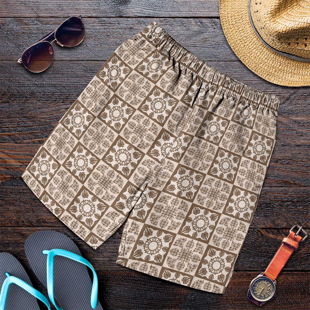Beige Palaka Quilt Hawaii Shorts for Men Hawaiian Tropical Monstera Sea Turtle LT14 Beige - Polynesian Pride