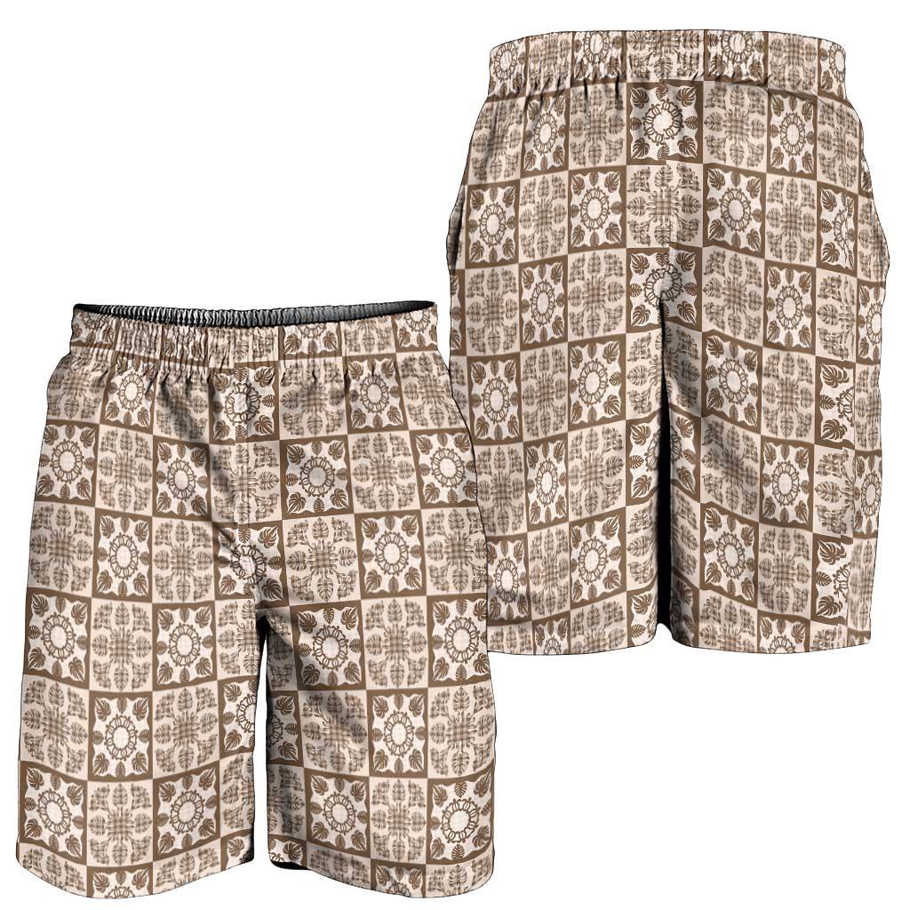 Beige Palaka Quilt Hawaii Shorts for Men Hawaiian Tropical Monstera Sea Turtle LT14 - Polynesian Pride