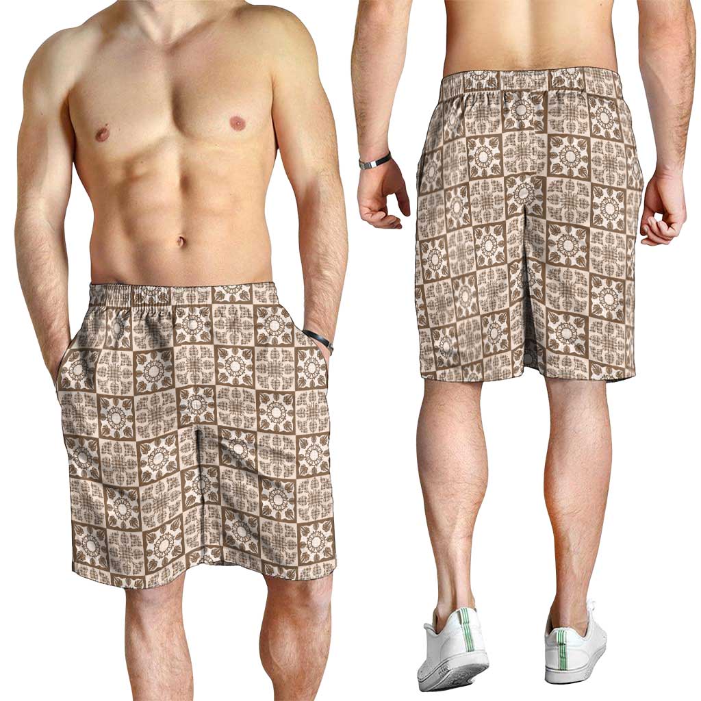 Beige Palaka Quilt Hawaii Shorts for Men Hawaiian Tropical Monstera Sea Turtle LT14 - Polynesian Pride