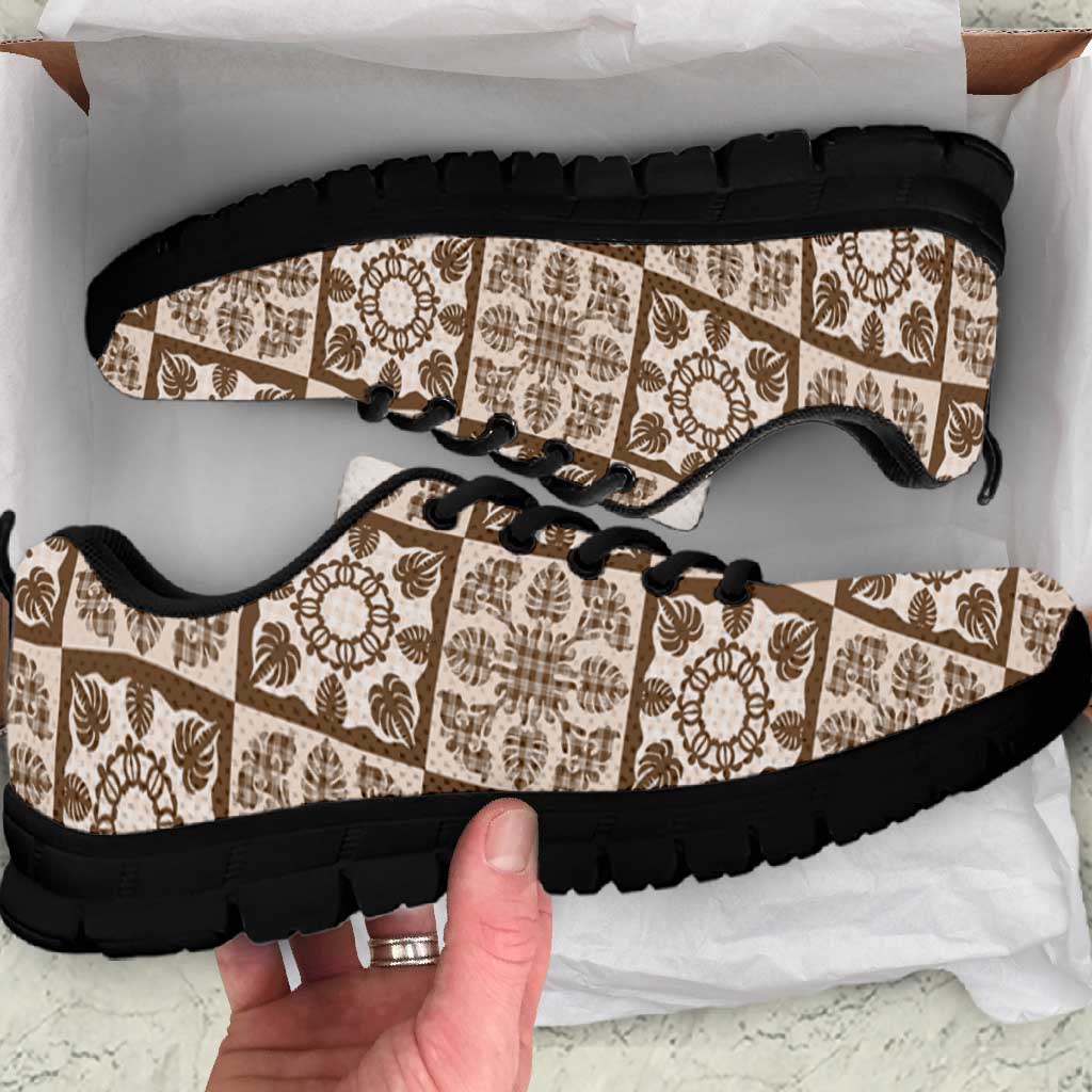 Beige Palaka Quilt Hawaii Sneakers Hawaiian Tropical Monstera Sea Turtle