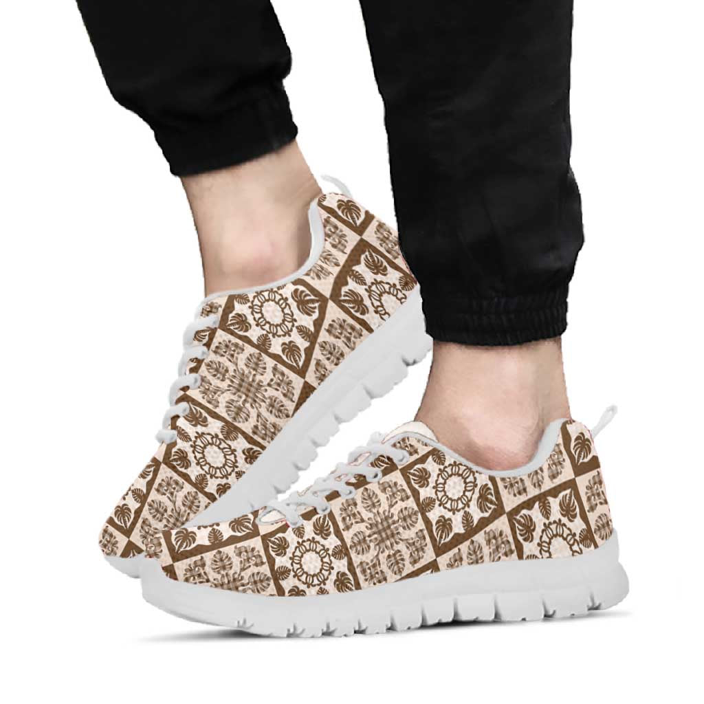 Beige Palaka Quilt Hawaii Sneakers Hawaiian Tropical Monstera Sea Turtle
