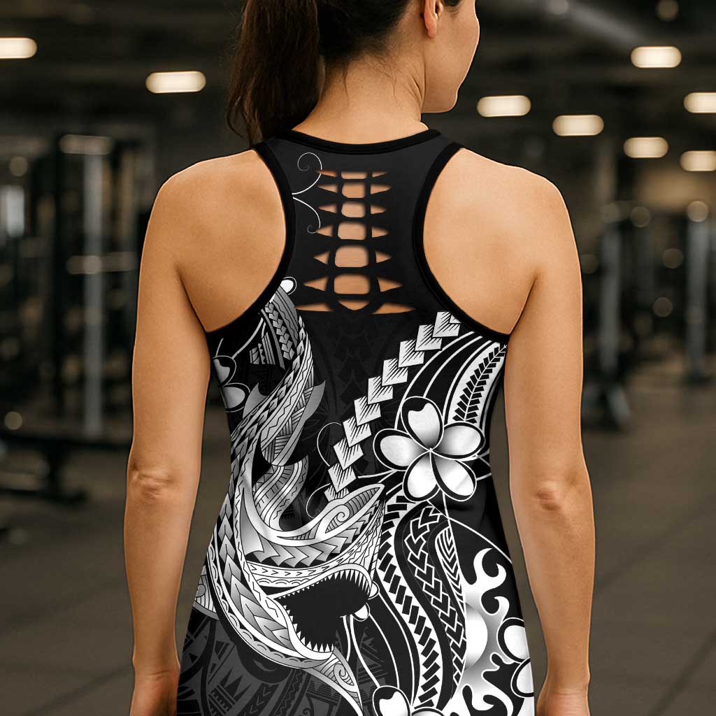 Black Aloha Hawaii Hollow Tank Top Polynesian Shark Tattoo With Plumeria LT14 - Polynesian Pride