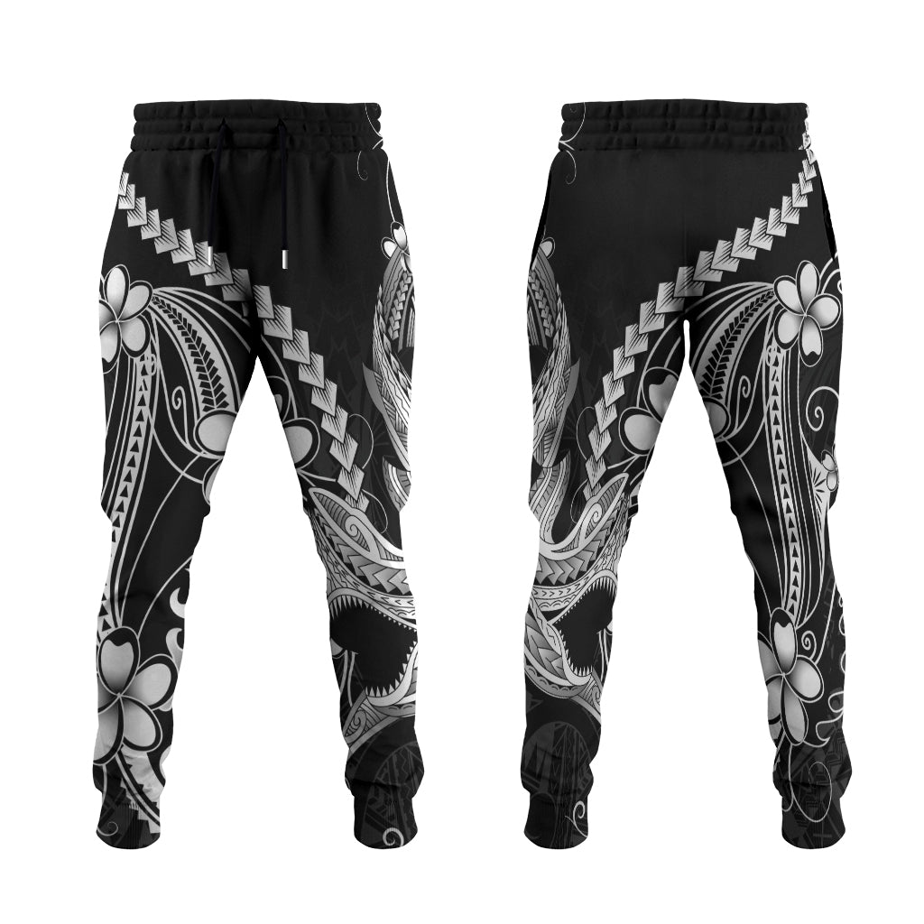 Black Aloha Hawaii Jogger Pants Polynesian Shark Tattoo With Plumeria LT14 Black - Polynesian Pride