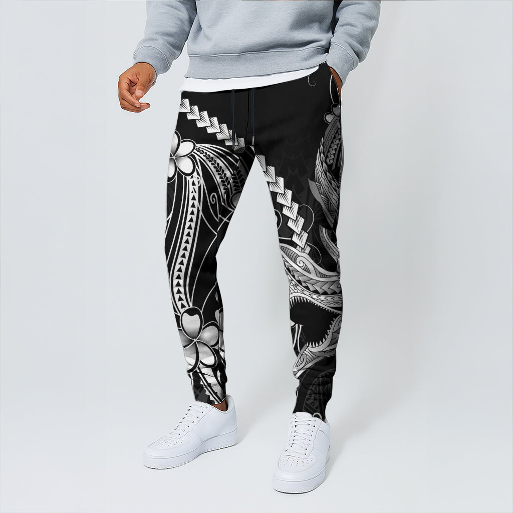 Black Aloha Hawaii Jogger Pants Polynesian Shark Tattoo With Plumeria LT14 - Polynesian Pride
